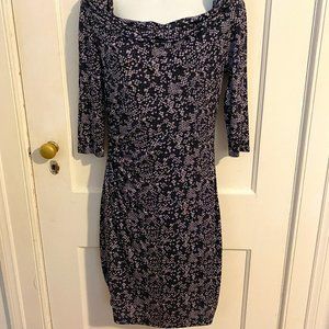 LOFT Dress, Purple and White Pattern, Cowl Neck, 3/4 Sleeve, Rouc…